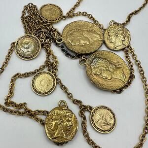 Vintage gold tone real and Roman cameo coins 53.5" chain necklace 60.75 grams